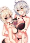  2girls bikini black_bikini black_bikini_bottom black_bikini_top blonde_hair breast_press breasts fate/apocrypha fate/grand_order fate_(series) highres jeanne_d&#039;arc_(alter)_(fate) jeanne_d&#039;arc_(fate) jeanne_d&#039;arc_(fate)_(all) kawai looking_at_viewer maid_headdress multiple_girls open_mouth short_hair silver_hair smile swimsuit tapioka yellow_eyes 