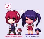  2girls bartender blush bow bowtie character_age character_name chibi closed_eyes cosplay costume_switch dorothy_haze embarrassed english_text eyebrows_visible_through_hair jill_stingray lowres multiple_girls necktie one_eye_closed pantyhose pixel_art purple_hair redhead twintails va-11_hall-a yuyukong 