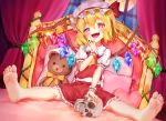  1girl :d ascot bangs barefoot bed blonde_hair blush bow bowtie crystal curtains eyebrows_visible_through_hair fangs flandre_scarlet frilled_shirt_collar frilled_skirt frilled_sleeves frills full_body full_moon hachinatsu hair_between_eyes half-closed_eye hand_on_own_cheek hat hat_ribbon head_tilt heart heart_pillow indoors looking_at_viewer medium_hair mob_cap moon night night_sky one_side_up open_mouth orange_bow pillow plant puffy_short_sleeves puffy_sleeves rainbow_order red_eyes red_ribbon red_skirt red_vest ribbon shiny shiny_hair shirt short_sleeves side_ponytail sitting skirt skirt_set skull sky slit_pupils smile solo sparkle spread_legs stuffed_animal stuffed_toy teddy_bear touhou upper_teeth vest vines white_headwear white_shirt window wings wrist_cuffs yellow_neckwear 