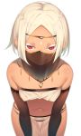  1girl bent_over black_gloves blonde_hair circlet dark_skin elbow_gloves eyelashes gloves highres mask midriff navel original otokuyou red_eyes see-through short_hair simple_background solo white_background 