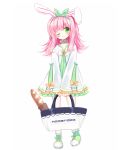  1girl ;) animal_ears bag baguette bangs blush boots bread closed_mouth collarbone dress eyebrows_visible_through_hair food frilled_dress frills full_body green_eyes green_footwear green_hairband green_ribbon hair_between_eyes hair_ribbon hairband holding holding_bag long_hair long_sleeves one_eye_closed original pink_hair rabbit_ears ribbon shikito simple_background sleeves_past_wrists smile solo standing white_background white_dress wide_sleeves 
