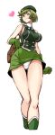  1girl absurdres ass_visible_through_thighs bag bangs beret blouse bob_cut boots breasts brooch carrying closed_mouth commentary cropped_legs crotch_seam cutie_honey gloves green_blouse green_eyes green_footwear green_gloves green_hair green_headwear green_skirt handbag hat heart highres idol_honey itachou jewelry kisaragi_honey large_breasts looking_at_viewer miniskirt panties pantylines pantyshot short_hair simple_background skirt sleeveless_blouse smile solo standing thigh_gap turtleneck underwear white_background white_panties wind wind_lift 