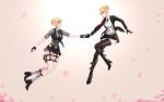  2girls agent_47 artist_request blonde_hair boots chinese_commentary commentary_request cosplay dual_persona girls_frontline gloves high_heel_boots high_heels highres hitman_(game) jacket multiple_girls necktie selfcest short_twintails skirt socks thigh-highs twintails welrod_mk2_(girls_frontline) yuri 