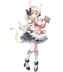  1girl animal_ear_fluff animal_ears bangs bare_shoulders black_bow black_footwear black_skirt blush bow brown_eyes cat_ears cat_girl cat_tail closed_mouth eyebrows_visible_through_hair frilled_legwear frilled_skirt frills full_body grey_hair hair_between_eyes hair_bow high_heels holding holding_stuffed_animal kneehighs long_hair looking_at_viewer original pleated_skirt puffy_short_sleeves puffy_sleeves shikito shirt shoes short_sleeves sign simple_background skirt solo standing striped striped_legwear stuffed_animal stuffed_toy tail teddy_bear translated very_long_hair white_background white_shirt 