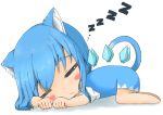  1girl =_= animal_ear_fluff animal_ears bare_legs barefoot blue_dress blue_hair blush_stickers cat_ears cat_tail chibi cirno detached_wings dress eyebrows_visible_through_hair ice ice_wings kemonomimi_mode lying mizune_(winter) on_stomach short_hair simple_background sleeping tail touhou wings zzz 