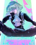  belt biker_clothes black_gloves black_jacket character_name cravat gloves green_hair half_gloves hand_on_own_face jacket lio_fotia lvn_iritoki male_focus multiple_belts promare sitting spread_legs violet_eyes 