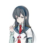  1girl arm_warmers bags_under_eyes black_hair blue_eyes blue_hairband blue_sailor_collar eyewear_removed hairband kantai_collection long_hair looking_at_viewer necktie nn_tasu ooyodo_(kantai_collection) red_neckwear sailor_collar school_uniform semi-rimless_eyewear serafuku simple_background solo under-rim_eyewear upper_body white_background 