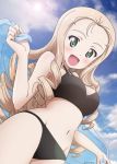  1girl artist_name bikini black_bikini blonde_hair blue_sky blue_towel clouds commentary_request cowboy_shot day drill_hair from_below girls_und_panzer green_eyes kanau long_hair looking_at_viewer marie_(girls_und_panzer) open_mouth outdoors side-tie_bikini sky smile solo swimsuit towel 