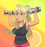  1girl arms_up blonde_hair breasts bubble_tea bubble_tea_challenge danberu_nan_kiro_moteru? dark_skin drink drinking_straw green_eyes highres large_breasts sakura_hibiki_(danberu_nan_kiro_moteru?) shorts solo squatting sweatdrop tan tank_top text_focus translated twintails type_x weightlifting 