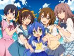  5girls :3 black_hair blue_eyes blue_hair blue_neckwear blue_ribbon blue_sailor_collar blue_skirt blue_sky brown_eyes brown_hair clouds commentary_request company_connection crossover dress green_eyes grey_skirt hairband highres hirano_aya hirasawa_yui hobunsha izumi_konata k-on! kadokawa kadokawa_shoten kita_high_school_uniform kitashirakawa_tamako kodansha koe_no_katachi kyoto_animation long_hair looking_at_viewer low_twintails lucky_star masako_(sabotage-mode) mole mole_under_eye multiple_girls neck_ribbon neckwear nishimiya_shouko pink_dress plaid plaid_skirt pleated_skirt ribbon ryouou_school_uniform sailor_collar sakuragaoka_high_school_uniform school_uniform seiyuu_connection serafuku short_hair skirt sky studio_connection suzumiya_haruhi suzumiya_haruhi_no_yuuutsu sweater_vest tamako_market tokyo_mx twintails yellow_hairband yellow_neckwear 