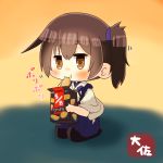  1girl artist_name black_legwear blue_hakama brown_eyes brown_hair chips commentary_request eating eyebrows_visible_through_hair food hair_between_eyes hakama hakama_skirt japanese_clothes kaga_(kantai_collection) kantai_collection motion_lines short_hair side_ponytail smile solo taisa_(kari) tasuki thigh-highs 