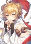  1girl :3 andira_(granblue_fantasy) animal_ears antenna_hair blonde_hair blush closed_mouth erune eyebrows_visible_through_hair granblue_fantasy highres looking_at_viewer monkey_ears monkey_tail short_hair simple_background solo tail topia twintails two_side_up white_background wide_sleeves yellow_eyes 
