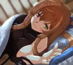 1girl asymmetrical_clothes bare_shoulders breasts brown_eyes heterochromia kantai_collection large_breasts light_brown_hair long_hair looking_at_viewer lying murasame_(kantai_collection) on_bed pillow red_eyes remodel_(kantai_collection) shigatsu_(soratobuusagi) sideboob smile solo twintails 