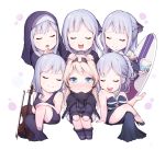  6+girls absurdres ak-12_(girls_frontline) alternate_costume an-94_(girls_frontline) artist_request bangs black_ribbon blonde_hair blue_eyes blush braid chibi closed_eyes closed_mouth dress eyebrows_visible_through_hair french_braid full_body girls_frontline gloves hair_ornament hairband highres jacket long_hair long_sleeves looking_at_another multiple_girls nun open_mouth ponytail ribbon sidelocks silver_hair simple_background sitting smile very_long_hair 