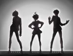  1girl 2boys ahoge backlighting contrapposto emma_(yakusoku_no_neverland) grey_background hand_on_hip miniskirt multiple_boys norman_(yakusoku_no_neverland) number onakaookii pants pleated_skirt ray_(yakusoku_no_neverland) short_hair skirt standing thigh-highs yakusoku_no_neverland zettai_ryouiki 