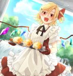  1girl :d apron bangs black_neckwear black_ribbon blonde_hair blue_sky clouds commentary_request cowboy_shot cream_puff crystal eyelashes fangs flandre_scarlet food frilled_apron frills hair_between_eyes hair_ornament hair_ribbon hairclip highres holding holding_tray looking_at_viewer neck_ribbon no_hat no_headwear one_side_up open_mouth oven_mitts pastry petticoat pink_apron red_eyes red_ribbon red_skirt red_vest ribbon shirt short_hair short_sleeves signature skirt skirt_set sky slit_pupils smile solo souta_(karasu_no_ouchi) standing touhou tray tree vest white_shirt wings 