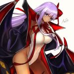  1girl asagik23 bangs bare_shoulders bat_wings bb_(fate)_(all) bb_(swimsuit_mooncancer)_(fate) black_coat breasts closed_mouth coat covered_navel dark_skin fate/grand_order fate_(series) gloves hair_ribbon highleg highleg_leotard large_breasts leotard long_hair long_sleeves looking_at_viewer neck_ribbon open_clothes open_coat popped_collar purple_hair red_ribbon ribbon simple_background smile solo tan thighs vampire_costume very_long_hair violet_eyes white_background white_gloves white_leotard wings 