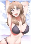  1girl armpits arms_up bikini black_bikini black_bikini_bottom black_bikini_top blush breasts brown_hair clouds cloudy_sky english_commentary large_breasts limelam06 long_hair looking_at_viewer midriff ocean oosuki_mamako open_mouth see-through shiny shiny_hair shiny_skin shirt sky smile solo swimsuit tsuujou_kougeki_ga_zentai_kougeki_de_ni-kai_kougeki_no_okaasan_wa_suki_desu_ka? violet_eyes 