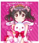  1girl :o bangs birthday black_hair character_name commentary_request dated hair_ribbon happy_birthday hirako holding holding_stuffed_animal long_hair looking_at_viewer love_live! love_live!_school_idol_project pink_eyes red_eyes ribbon shiny shiny_hair sidelocks solo star stuffed_animal stuffed_bunny stuffed_toy tiara twintails twitter_username upper_body yazawa_nico 