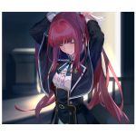  1girl arms_up bangs black_capelet black_jacket blue_ribbon blunt_bangs blurry blurry_background blush breasts capelet center_frills closed_eyes closed_mouth depth_of_field eyebrows_visible_through_hair frills highres houkago_wa_isekai_kissa_de_coffee_wo indoors jacket linaria_(isekai_coffee) long_hair long_sleeves redhead ribbon shirt sidelocks small_breasts solo standing supertie very_long_hair white_shirt 