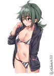  1girl alternate_costume bikini blush breasts closed_mouth ebifurya eyebrows_visible_through_hair eyepatch green_eyes green_hair hair_between_eyes highres hood hoodie kantai_collection kiso_(kantai_collection) large_breasts looking_away navel short_hair simple_background solo swimsuit swimsuit_under_clothes twitter_username two-tone_bikini white_background 