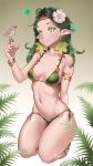  1girl bare_arms bare_shoulders bikini bird breasts bug butterfly cheshirrr collarbone earrings elf flower green_bikini green_eyes green_hair hair_flower hair_ornament highres insect jewelry kneeling leaf long_hair medium_breasts navel original pointy_ears side-tie_bikini smile solo swimsuit 