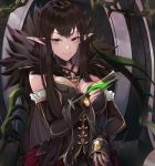  1girl absurdres bangs bare_shoulders between_breasts black_cola black_dress black_hair breasts bridal_gauntlets brown_eyes chain closed_mouth commentary_request cup dress drink drinking_glass fate/apocrypha fate_(series) fingernails frills fur_trim hand_up highres holding holding_cup large_breasts long_hair pointy_ears semiramis_(fate) sidelocks smile solo v-shaped_eyebrows very_long_hair 