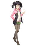  1girl birthday black_hair brown_footwear commentary eyebrows_visible_through_hair flat_chest full_body grin hair_bobbles hair_ornament hand_in_pocket highres hood hood_down hooded_jacket jacket long_hair long_sleeves looking_at_viewer love_live! love_live!_school_idol_project one_eye_closed pantyhose pink_jacket red_eyes senguyen1011 shoes smile solo sparkle standing star twintails v yazawa_nico 