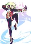  bangs black_gloves chinese_clothes cravat dragon fighting_stance gloves green_hair half_gloves highres lio_fotia long_hair magurotabetai1 male_focus pants promare short_hair solo violet_eyes 