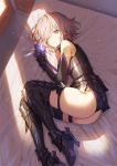  1girl armor armored_dress ass bare_shoulders blush breasts elbow_gloves fate/grand_order fate_(series) faulds gloves hair_over_one_eye high_heels large_breasts lavender_hair leotard lighting looking_at_viewer lying mash_kyrielight on_bed on_side purple_gloves purple_legwear purple_leotard saitou_masatsugu short_hair solo thigh-highs thigh_strap thighs violet_eyes 