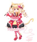  1girl :d animal_ear_fluff animal_ears bangs black_skirt blonde_hair blush bow bubble_skirt cat_ears cat_girl cat_tail drill_hair eyebrows_visible_through_hair fang frilled_skirt frills full_body hair_between_eyes hair_bow hair_ornament heart heart_hair_ornament high_heels holding long_hair long_sleeves open_mouth orange_bow original pantyhose pink_bow pink_legwear red_eyes red_footwear red_shirt shikito shirt shoes simple_background skirt sleeves_past_wrists smile solo standing tail twin_drills twintails v-shaped_eyebrows white_background wide_sleeves 