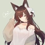  adjusting_hair animal_ear_fluff animal_ears arm_up bare_shoulders black_choker blouse brown_cardigan brown_hair cardigan chai_(vtuber) choker clothes_down crescent earrings fox_ears fox_girl green_background hair_ribbon indie_virtual_youtuber jewelry juwei long_hair looking_to_the_side off_shoulder open_cardigan open_clothes ribbon shorts simple_background single_earring sleeves_past_wrists smile virtual_youtuber yellow_eyes 