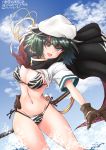  1girl absurdres animal_print bikini blue_sky breasts brown_gloves cape clouds cowboy_shot cutlass dated day eyepatch gloves green_eyes green_hair hat highres kantai_collection kiso_(kantai_collection) looking_at_viewer medium_breasts muzzuleflash navel outdoors remodel_(kantai_collection) sailor_hat short_hair side-tie_bikini sky smile solo standing swimsuit tiger_print translation_request twitter_username white_headwear 