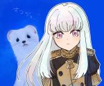  1girl animal artist_request bangs closed_mouth epaulettes fire_emblem fire_emblem:_three_houses jacket long_hair long_sleeves looking_at_viewer lysithea_von_cordelia pink_eyes simple_background solo uniform upper_body violet_eyes white_background white_hair 