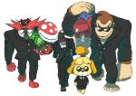 1girl 1other 4boys alternate_costume animal animal_crossing animal_crossing:_new_leaf animal_ears ape barefoot black_footwear black_jacket black_pants black_skirt blazer blonde_hair blue_overalls boots brown_hair carrying_over_shoulder closed_mouth clothed_pokemon collared_shirt combat_boots commentary creatures_(company) crossed_bandaids crossover dog dog_ears dog_girl donkey_kong donkey_kong_(series) doubutsu_no_mori dress_shirt english_commentary epic fangs fangs_out formal furry game_freak gen_7_pokemon gloves gorilla hat heel_(specie) human incineroar jacket jiojio_warudo konami large_hands long_sleeves looking_at_another mario super_mario_bros. metal_gear_(series) metal_gear_solid miniskirt multiple_boys multiple_crossover muscle necktie nintendo nintendo_ead olm_digital overalls pants paws pencil_skirt piranha_plant plant plumber pokemon pokemon_(creature) pokemon_sm popped_button rareware red_headwear red_shirt retro_studios shirt shizue_(doubutsu_no_mori) short_hair sideways_glance simple_background skirt skirt_suit solid_snake sora_(company) suit sunglasses super_mario_bros. super_smash_bros. super_smash_bros._ultimate super_smash_bros_brawl tiger tobidase:_doubutsu_no_mori topknot unconscious very_short_hair walking white_background white_gloves white_shirt wing_collar 