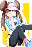  1girl absurdres black_legwear blue_eyes blue_sleeves blush brown_hair closed_mouth double_bun highres long_hair long_sleeves mei_(pokemon) miniskirt pantyhose poke_ball_print pokemon pokemon_(game) pokemon_bw2 print_shirt shadow shiny shiny_hair shiny_legwear shirt skirt smile solo twintails two-tone_background visor_cap white_background white_shirt yellow_background yellow_skirt yuihiko 