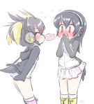  2girls ^_^ arms_at_sides bangs black_hair blonde_hair blush boots brown_eyes closed_eyes covering_mouth embarrassed eyebrows_visible_through_hair facing_another flustered food food_in_mouth full-face_blush gentoo_penguin_(kemono_friends) hair_between_eyes headphones heart hood hood_down hoodie japari_bun kemono_friends knee_boots kneehighs listening long_hair looking_at_another mouth_hold multicolored_hair multiple_girls panties penguin_tail pink_footwear redhead rockhopper_penguin_(kemono_friends) short_hair simple_background skirt tail two_side_up uho_(uhoyoshi-o) underwear white_background white_legwear white_panties white_skirt yellow_footwear yuri 