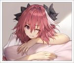  1boy astolfo_(fate) black_bow bow closed_mouth commentary_request eto_(nistavilo2) eyebrows_visible_through_hair fate/apocrypha fate/grand_order fate_(series) hair_between_eyes hair_bow male_focus multicolored_hair one_eye_closed otoko_no_ko pink_hair sad school_uniform serafuku short_sleeves solo tears two-tone_hair upper_body violet_eyes white_hair 