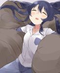  1girl bangs blue_hair blush closed_eyes commentary_request cushion hair_between_eyes long_hair love_live! love_live!_school_idol_project open_mouth pajamas sleeping solo sonoda_umi totoki86 