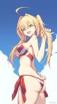  1girl ahoge ass bikini blonde_hair blue_sky breasts cowboy_shot day fate/grand_order fate_(series) from_side green_eyes large_breasts long_hair looking_at_viewer looking_back nero_claudius_(fate)_(all) nero_claudius_(swimsuit_caster)_(fate) nian outdoors side-tie_bikini sideboob sky solo striped striped_bikini swimsuit twintails under_boob weibo_username 