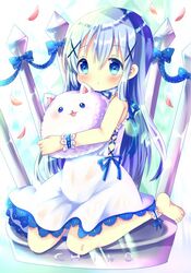  1girl angora_rabbit animal animal_hug bangs bare_shoulders barefoot blue_bow blue_eyes blue_hair blush bow character_name chocolat_(momoiro_piano) closed_mouth commentary_request dress eyebrows_visible_through_hair full_body gochuumon_wa_usagi_desu_ka? hair_between_eyes kafuu_chino long_hair petals rabbit sitting sleeveless sleeveless_dress tippy_(gochiusa) very_long_hair wariza white_dress wrist_cuffs 