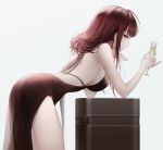  1girl ahoge alternate_costume back bangs bare_shoulders bent_over blunt_bangs breasts brown_hair champagne_flute cup dress drinking_glass dsr-50_(girls_frontline) earrings evening_gown from_side girls_frontline grey_background holding holding_cup jewelry large_breasts long_hair looking_to_the_side no_bra red_eyes side_slit sideboob sidelocks smile thighs user_rzpv4457 