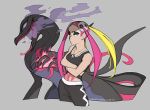  1girl blonde_hair breath crossed_arms fire hair_ornament multicolored_hair necklace pink_hair plumeri_(pokemon) pokemon pokemon_(creature) pokemon_(game) pokemon_sm salazzle saliva shrimposaurus slit_pupils tongue tongue_out tumblr_username twintails violet_eyes yellow_eyes 