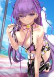  1girl all_fours bb_(fate)_(all) bb_(fate/extra_ccc) beach black_legwear blush breasts clouds collarbone commentary_request day eyebrows_visible_through_hair fate/grand_order fate_(series) hair_ribbon kesoshirou large_breasts long_hair looking_at_viewer outdoors pink_nails purple_hair purple_ribbon ribbon smile solo star thigh-highs very_long_hair violet_eyes 