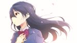  1girl bangs blue_hair blush commentary_request floating_hair from_side hair_between_eyes hand_on_own_chest long_hair love_live! love_live!_school_idol_project otonokizaka_school_uniform parted_lips petals school_uniform simple_background solo sonoda_umi tearing_up totoki86 white_background wind wind_lift yellow_eyes 