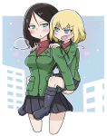  2girls :o bangs black_hair black_skirt blonde_hair blue_eyes blush breath carrying commentary cropped_legs day fang girls_und_panzer green_jacket half-closed_eyes hands_on_another&#039;s_shoulders highres insignia jacket katyusha long_hair long_sleeves looking_at_another looking_at_viewer miniskirt multiple_girls nonna open_mouth outdoors outside_border piggyback pleated_skirt pravda_school_uniform red_shirt school_uniform shirt short_hair skin_fang skirt smile snow standing swept_bangs turtleneck v-shaped_eyebrows white_stew 