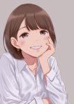  1girl bob_cut brown_eyes brown_hair commentary earrings head_rest jewelry kyak_bamboo lips looking_at_viewer necklace original short_hair simple_background smile solo 