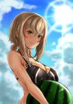  1girl azur_lane ball bangs bare_shoulders beachball bikini black_bikini blonde_hair blue_sky blurry blurry_background blush breasts brown_eyes chushou_wang clouds dya eyebrows_visible_through_hair hair_between_eyes highres holding holding_ball iron_cross large_breasts looking_at_viewer low_twintails multicolored_hair outdoors redhead roon_(azur_lane) short_hair sky smile solo streaked_hair sunlight swimsuit twintails wet 