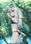  1girl ahoge akino_(1i1i1i1i) animal_ears arms_up atalanta_(alter)_(fate) atalanta_(fate) bangs bare_arms bare_shoulders belt_collar bikini black_bikini black_collar blurry blurry_foreground blush cat_ears cat_girl cat_tail closed_mouth collar commentary_request day depth_of_field eyebrows_visible_through_hair fate/grand_order fate_(series) forest green_eyes hair_between_eyes long_hair looking_away looking_to_the_side nature outdoors silver_hair solo standing swimsuit tail very_long_hair wading water 