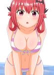  1girl absurdres bat_hair_ornament bikini bikini_top blush breast_press breasts gabriel_dropout hair_ornament highres kurumizawa_satanichia_mcdowell large_breasts looking_at_viewer poa_mellhen redhead ribbon solo swimsuit thigh-highs twintails violet_eyes 